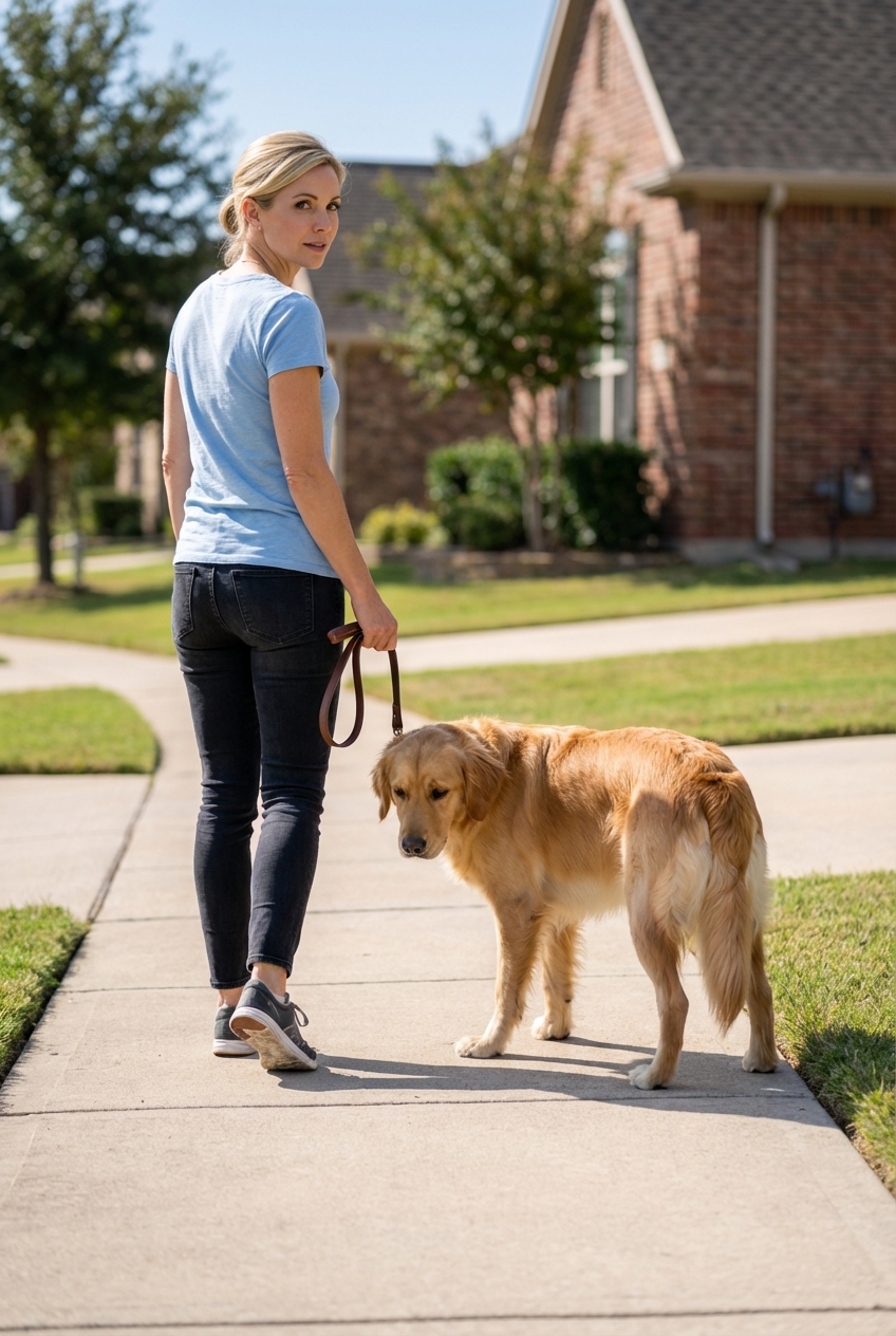 A real photo of a dog standing slightly behind its owner on a sidewalk during a walk, looking hesitant