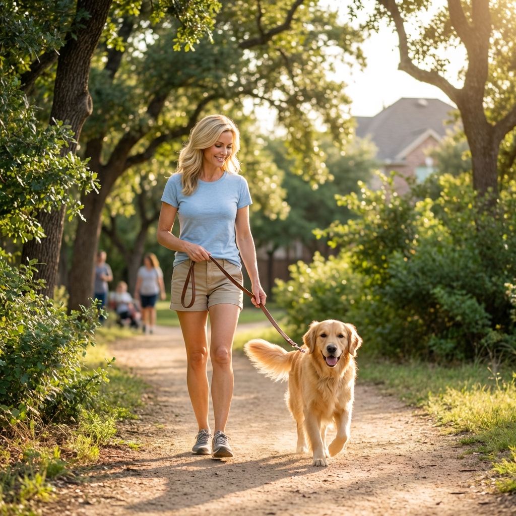 A real photo of a dog walking on a dirt trail in a neighborhood park on a warm day