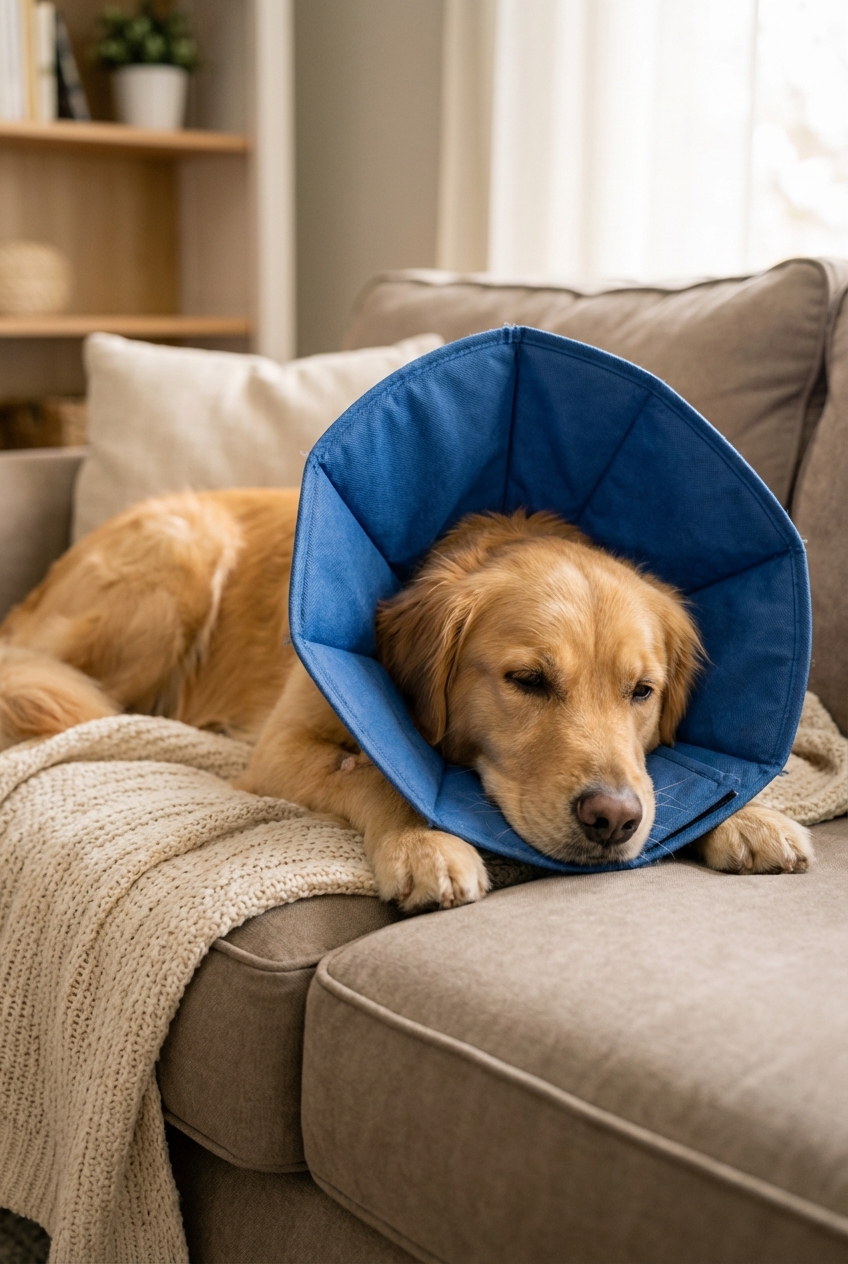 A real photo of a dog wearing a soft recovery collar while relaxing on a couch with a blanket