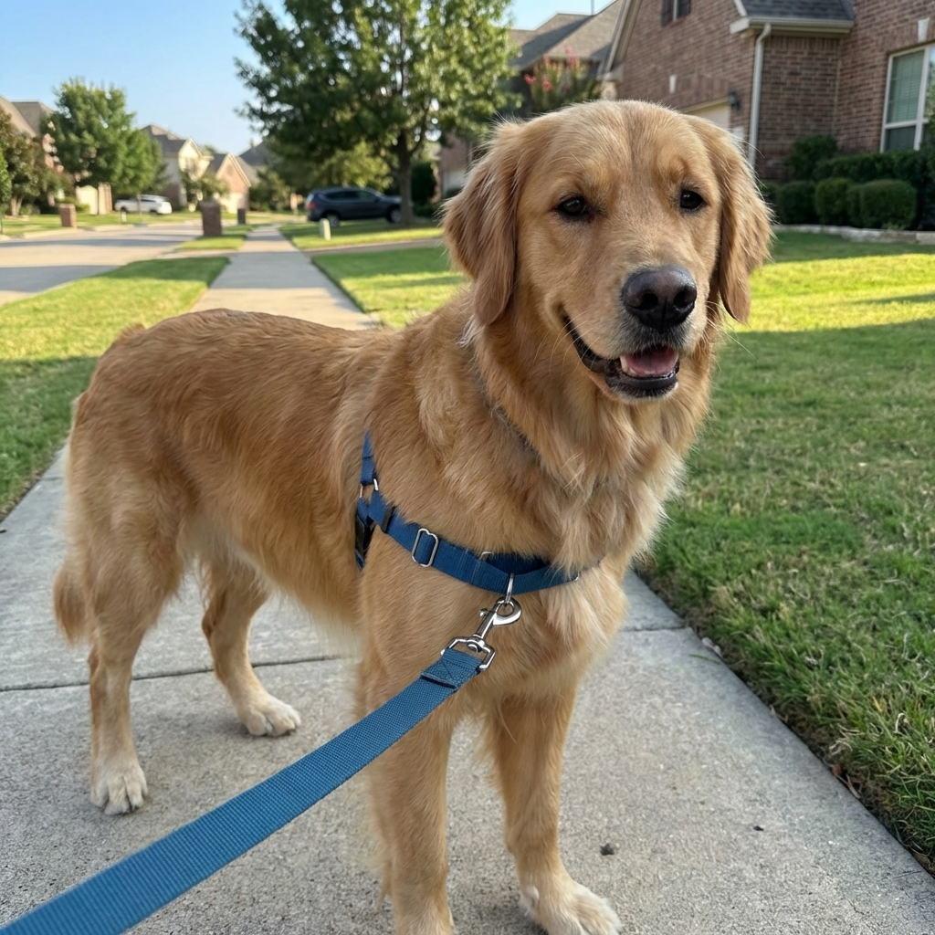 A real photo of a dog wearing a well-fitted front-clip harness with the leash attached at the chest