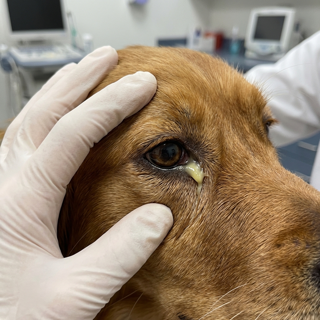 A real photo of a dog’s eye with visible thick discharge at the inner corner while the dog is being gently held