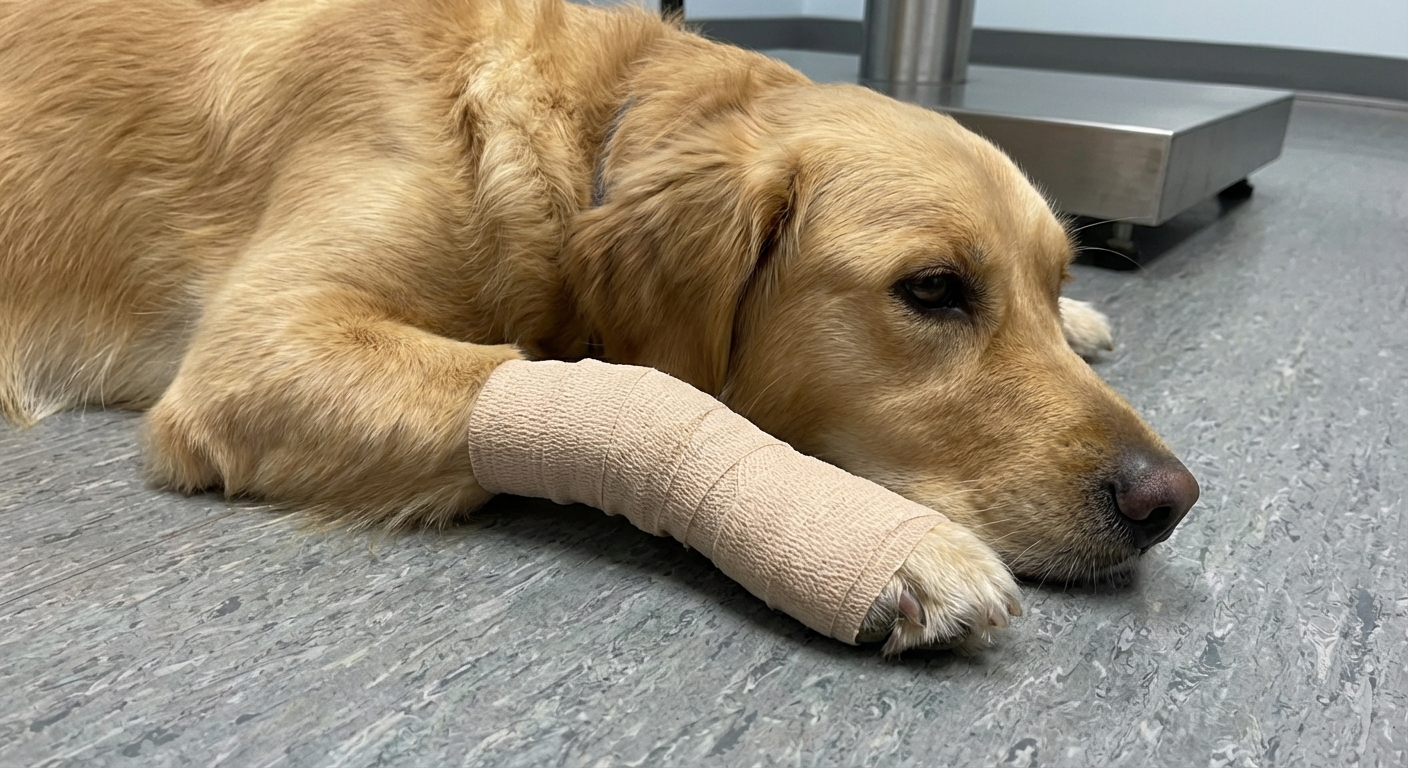 A real photo of a dog’s paw wrapped in a light veterinary bandage while the dog lies calmly on a clinic floor