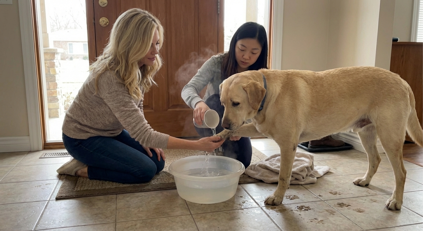 A real photo of a family gently rinsing a dog’s paws with lukewarm water near a home entryway