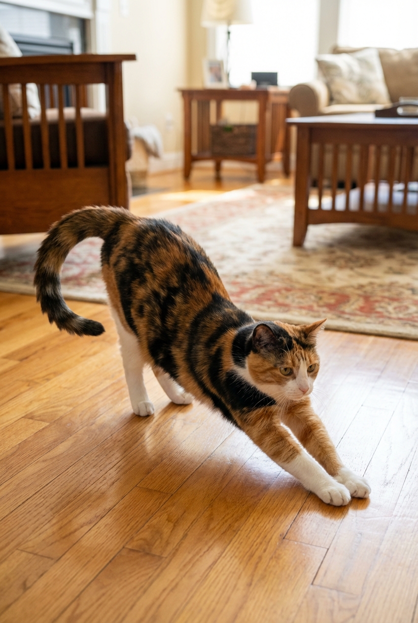 A real photo of a female cat on the floor in a home, stretching with her tail held to one side