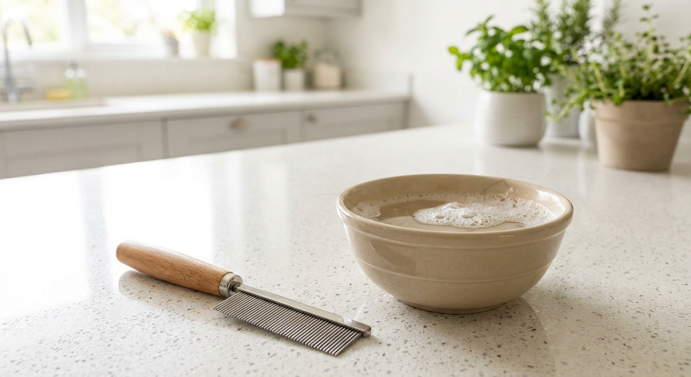 A real photo of a fine-tooth flea comb next to a small bowl of warm soapy water on a kitchen counter