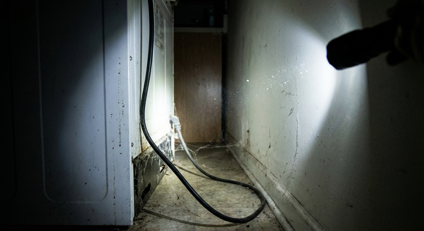 A real photo of a flashlight beam aimed into the space behind a kitchen stove
