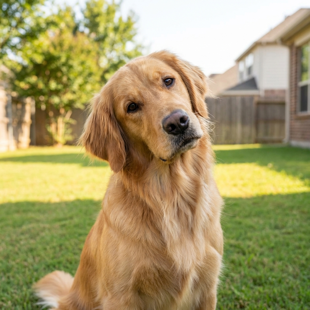 A real photo of a floppy-eared dog outdoors on grass with its head slightly tilted
