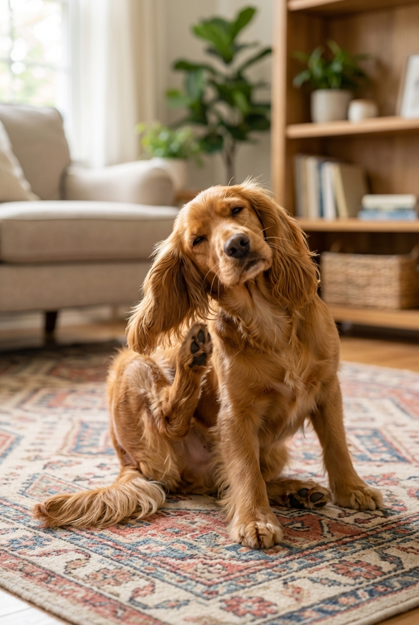 A real photo of a floppy-eared dog scratching at one ear while sitting on a living room rug