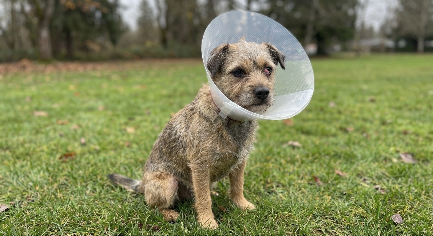 A real photo of a fluffy designer mixed-breed dog outdoors on a calm day, wearing a cone collar after a vet visit