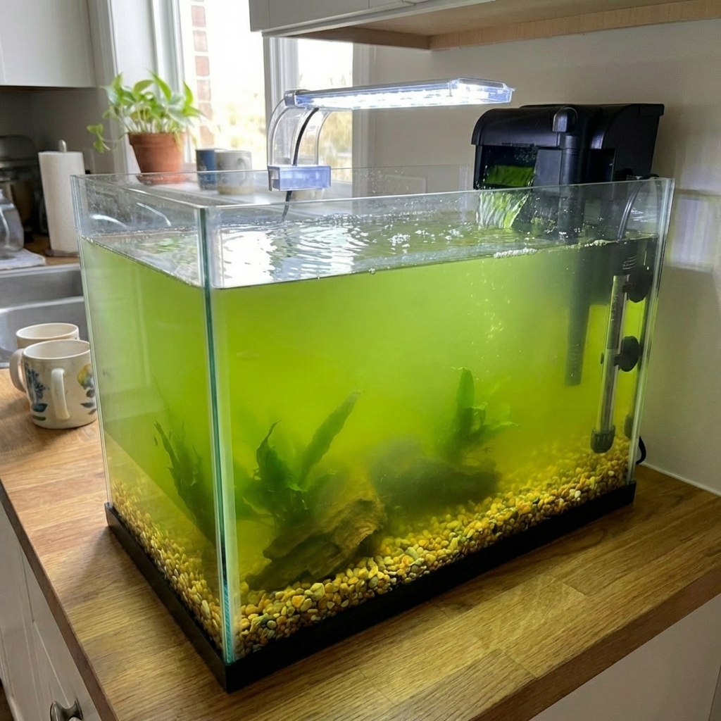 A real photo of a freshwater aquarium with distinctly green water and a bright aquarium light above