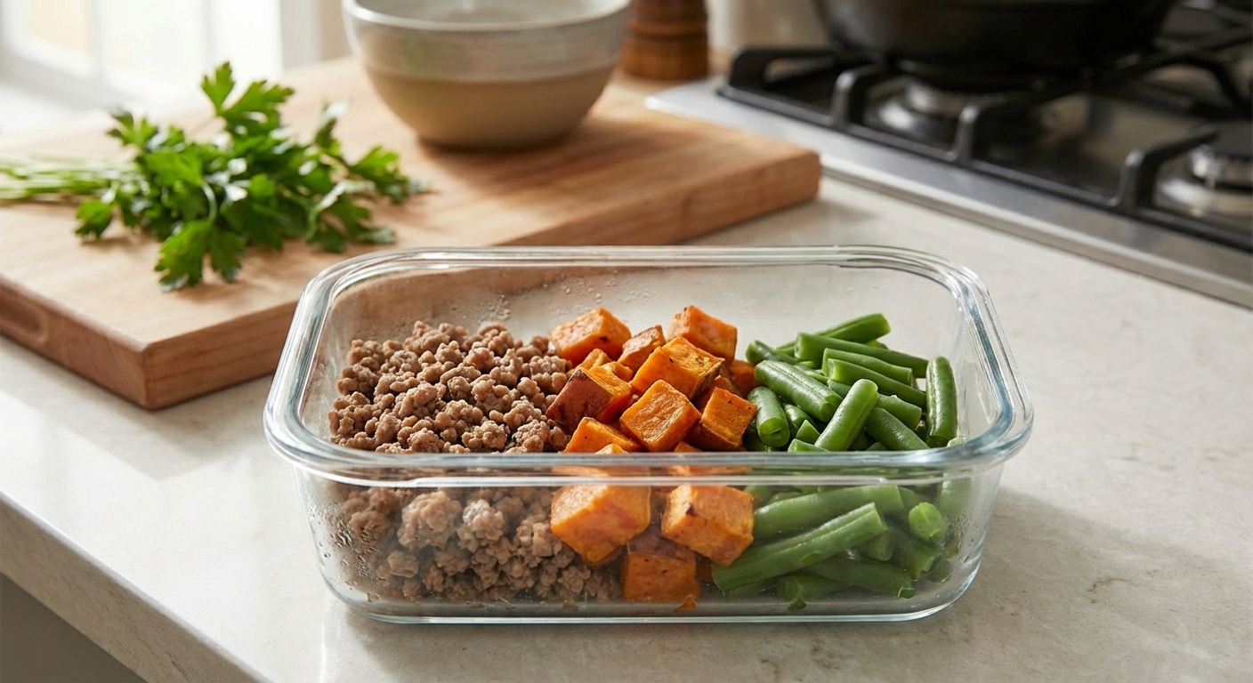 A real photo of a glass container holding portioned homemade dog food with lean turkey, sweet potato, and green beans on a kitchen counter
