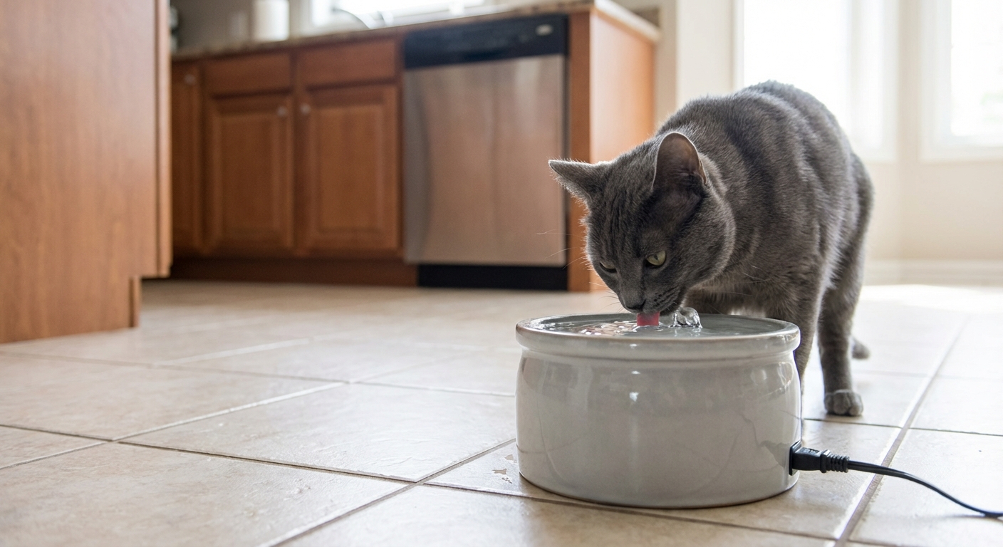 A real photo of a gray cat drinking water from a pet fountain on a kitchen floor