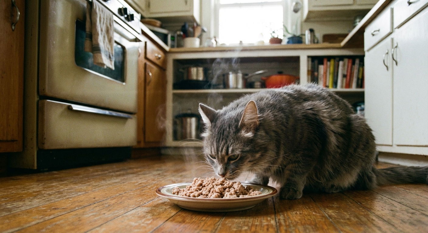A real photo of a gray cat sniffing a small plate of cooked minced turkey in a home kitchen