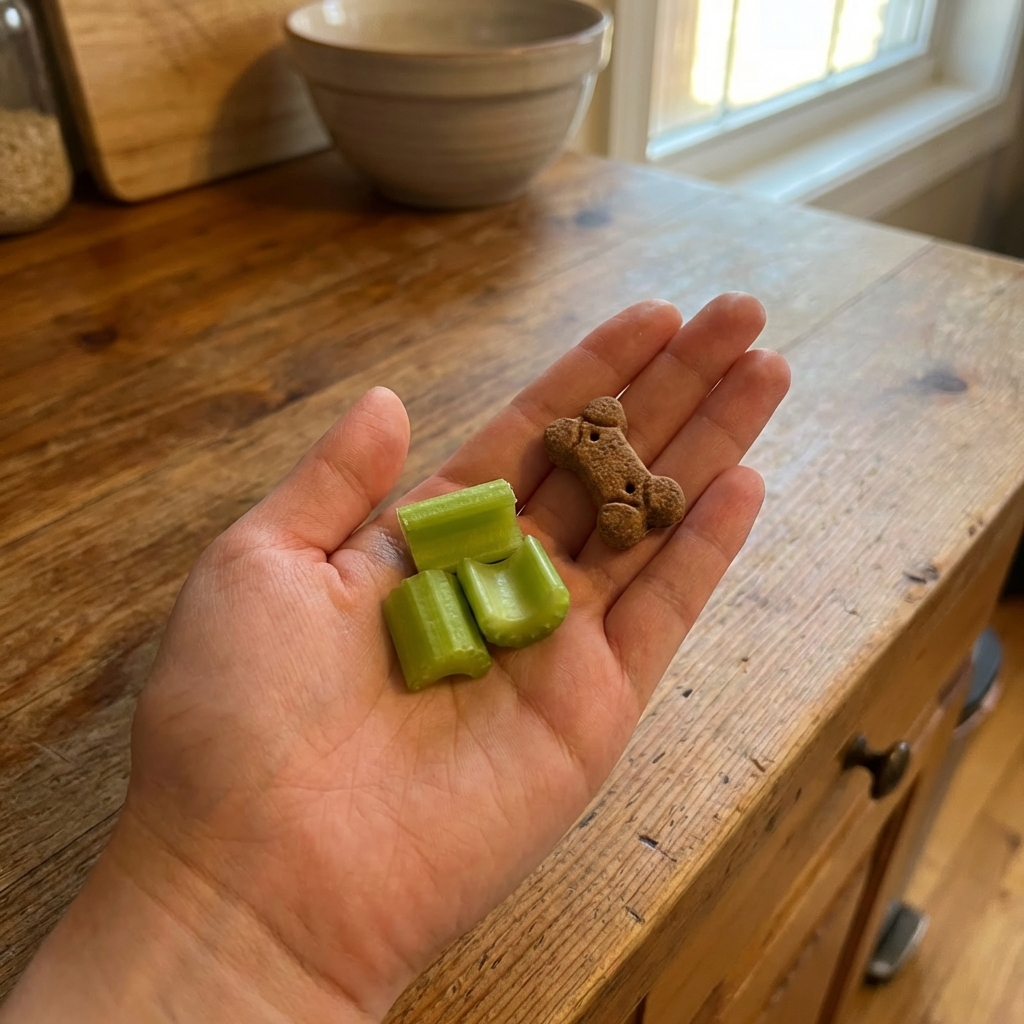 A real photo of a hand holding a few bite-size celery pieces next to a small dog treat on a wooden kitchen counter