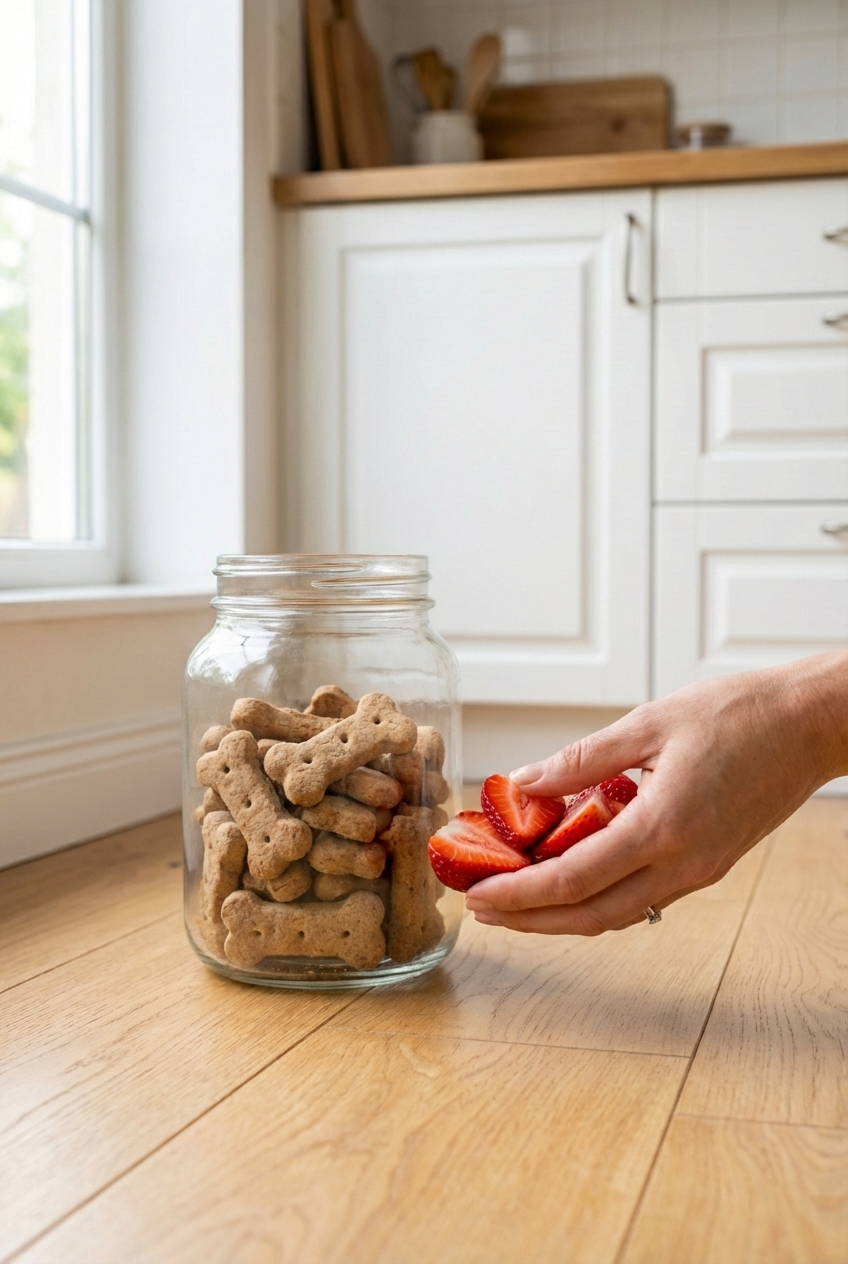 A real photo of a hand holding a few sliced strawberries next to a dog treat jar on a kitchen counter