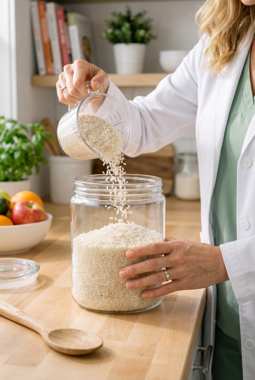 A real photo of a hand pouring rice into a clear airtight container on a kitchen counter
