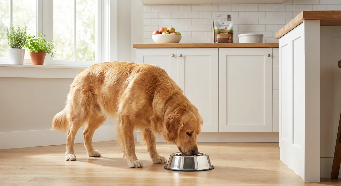A real photo of a healthy adult dog eating from a stainless steel bowl in a bright kitchen