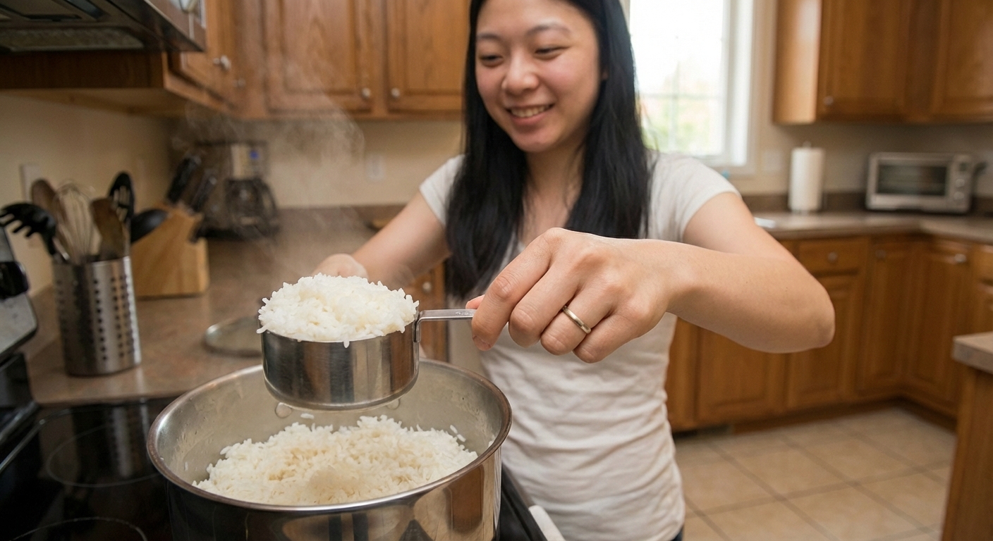 A real photo of a measuring cup scooping cooked white rice from a pot on a stovetop