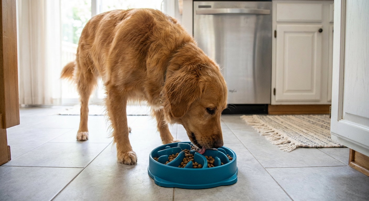 A real photo of a medium-sized dog eating from a slow feeder bowl on a kitchen floor