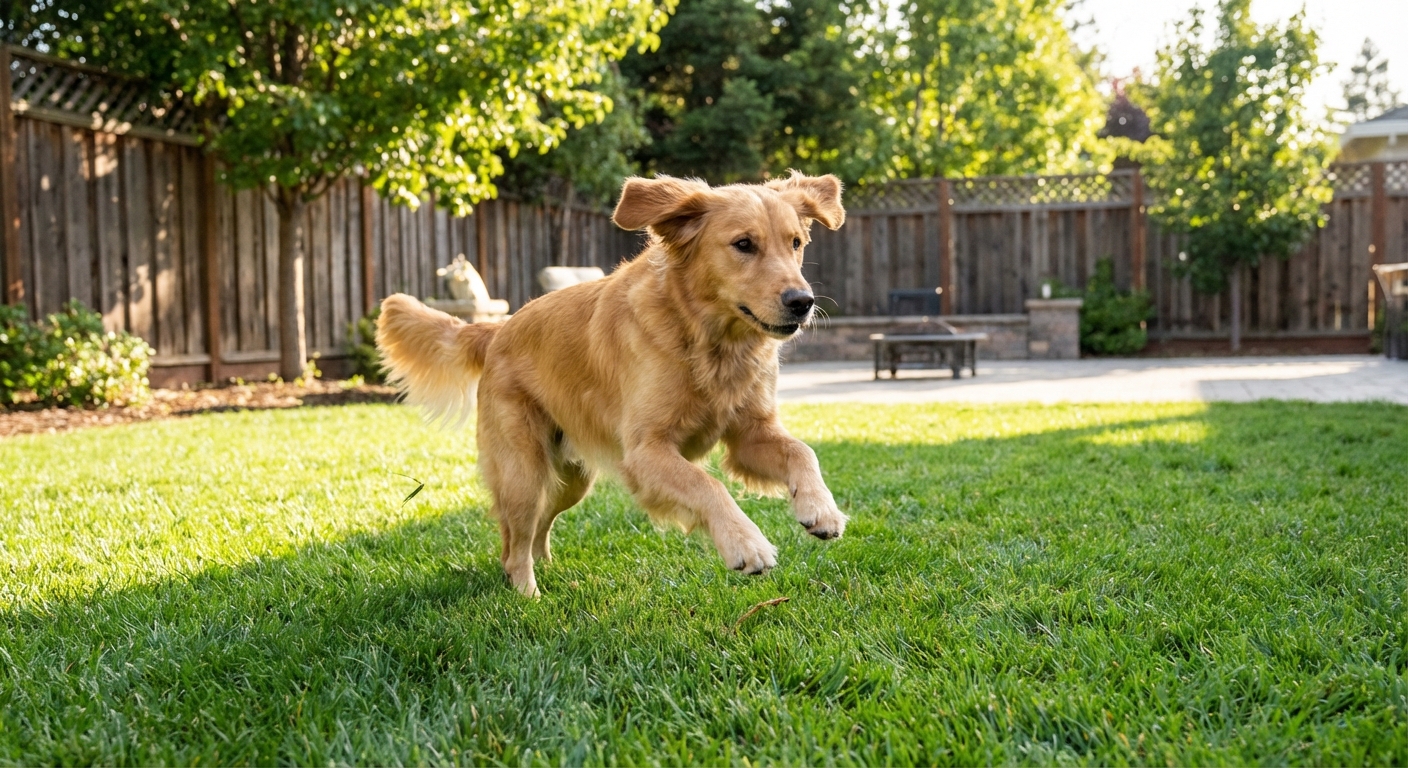 A real photo of a medium-sized dog running on grass in a backyard with paws in motion