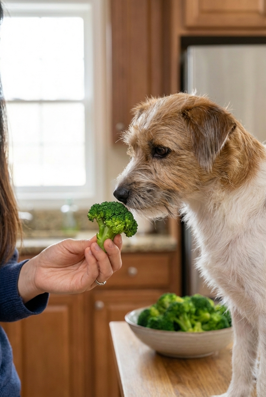A real photo of a medium-sized dog sniffing a small piece of broccoli held in a hand