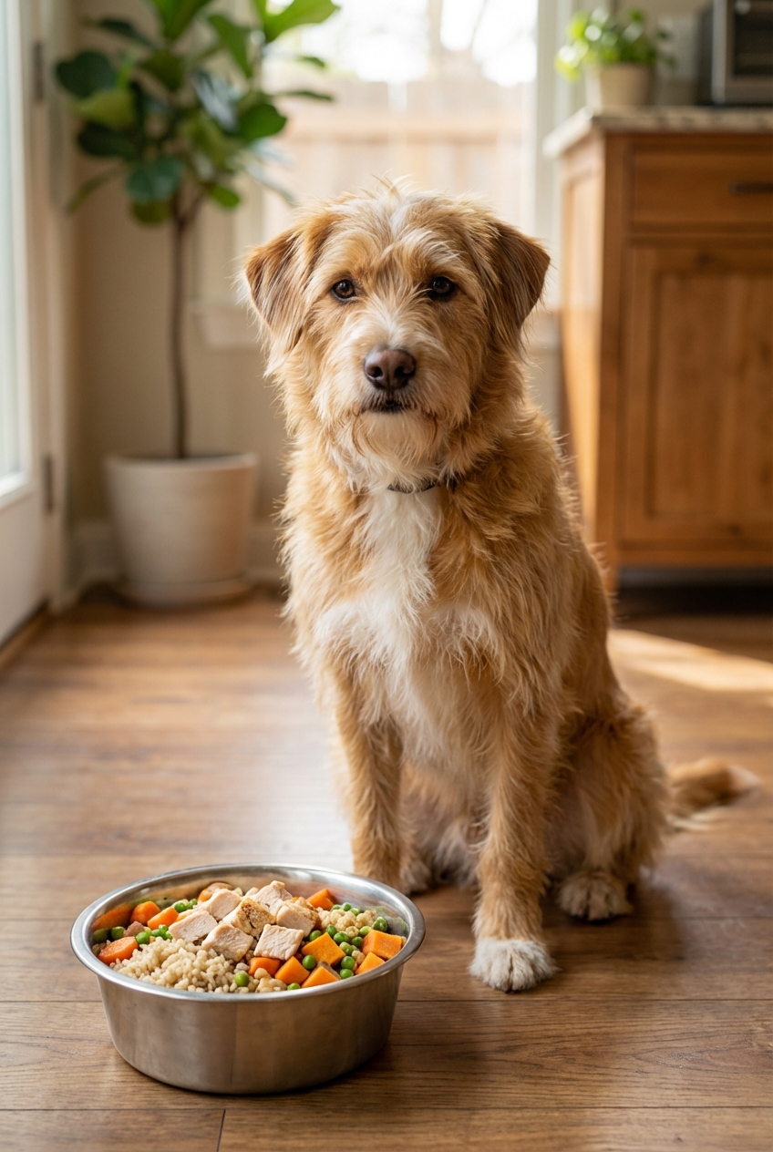 A real photo of a medium-sized mixed-breed dog sitting beside a stainless steel bowl filled with homemade dog food