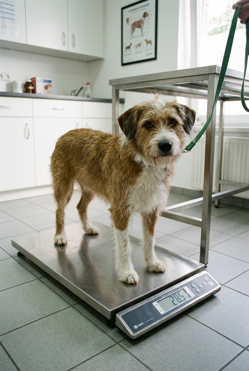 A real photo of a medium-sized mixed-breed dog standing on a scale at a veterinary clinic