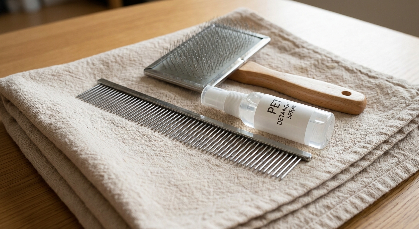 A real photo of a metal dog grooming comb and a slicker brush placed on a towel next to a small bottle of detangling spray