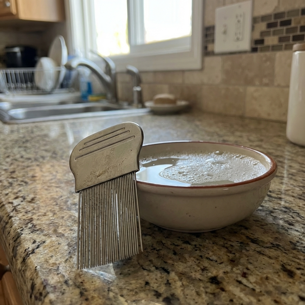 A real photo of a metal flea comb next to a small bowl of soapy water on a kitchen counter