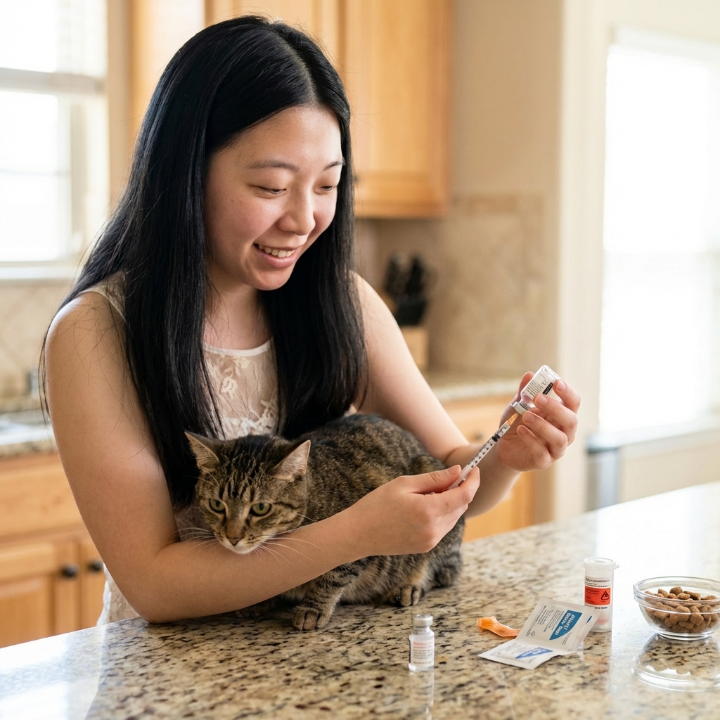 A real photo of a person gently holding a cat while preparing an insulin syringe on a clean countertop