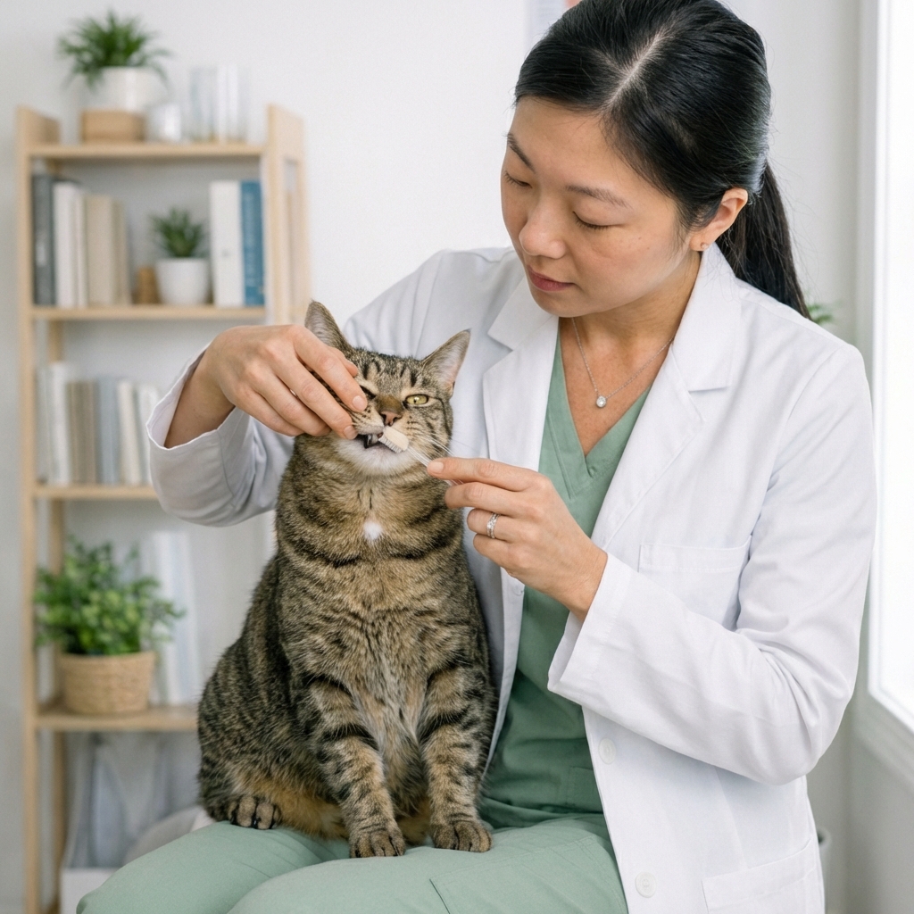 A real photo of a person gently lifting a cat’s lip while using a small soft toothbrush on the outer teeth