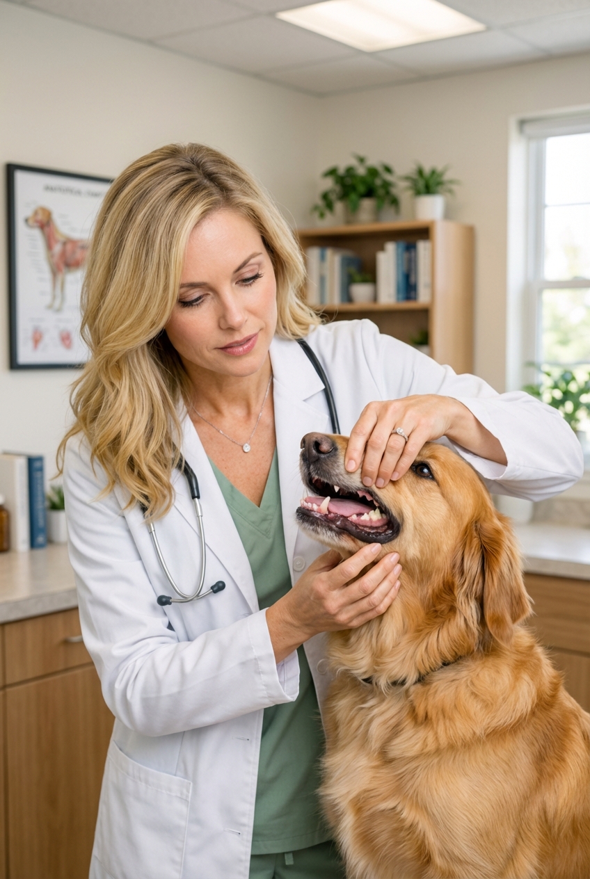 A real photo of a person gently lifting a dog's lip to check moist, pink gums in good lighting