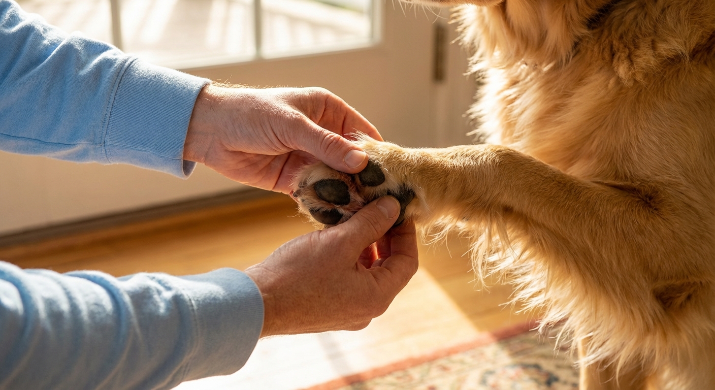 A real photo of a person gently spreading a dog’s toes to look between the paw pads in bright natural light