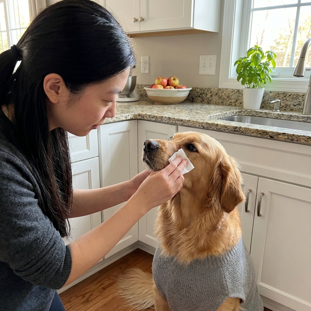 A real photo of a person gently wiping a dog’s eye with a clean cotton pad in a well-lit kitchen