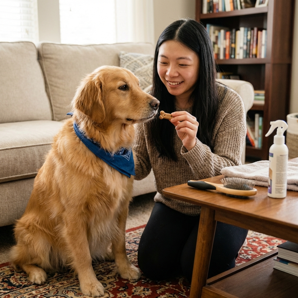 A real photo of a person giving a small treat to a dog after a grooming routine in a living room