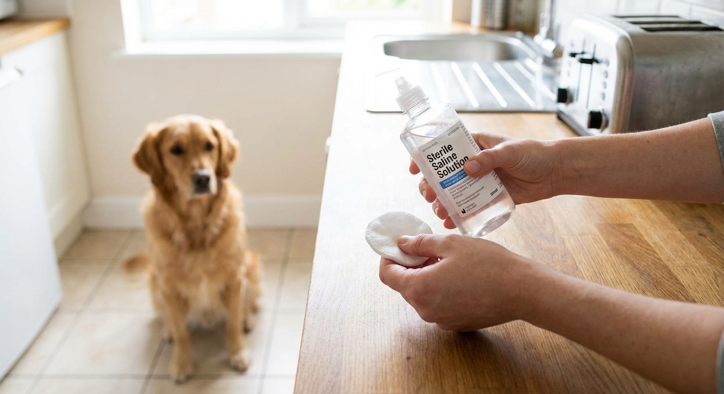 A real photo of a person holding a bottle of sterile saline next to a clean cotton pad on a kitchen counter with a dog in the background