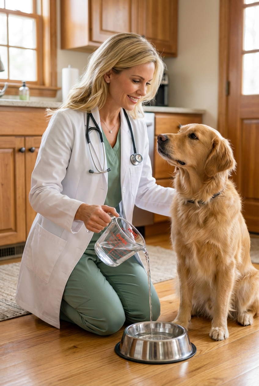 A real photo of a person holding a clear measuring cup while pouring water into a dog bowl