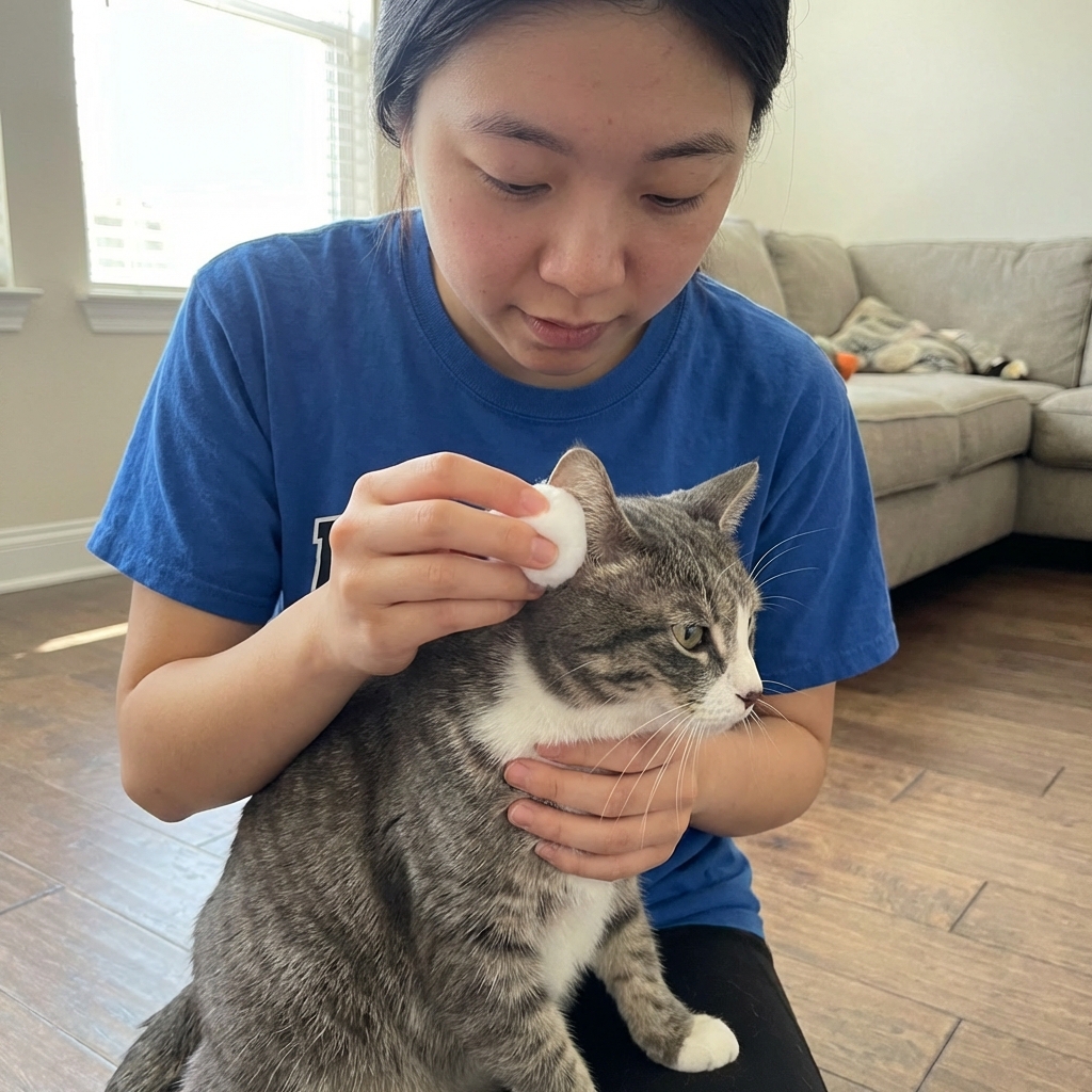 A real photo of a person holding a cotton ball and gently wiping the outer part of a cat's ear while the cat sits calmly