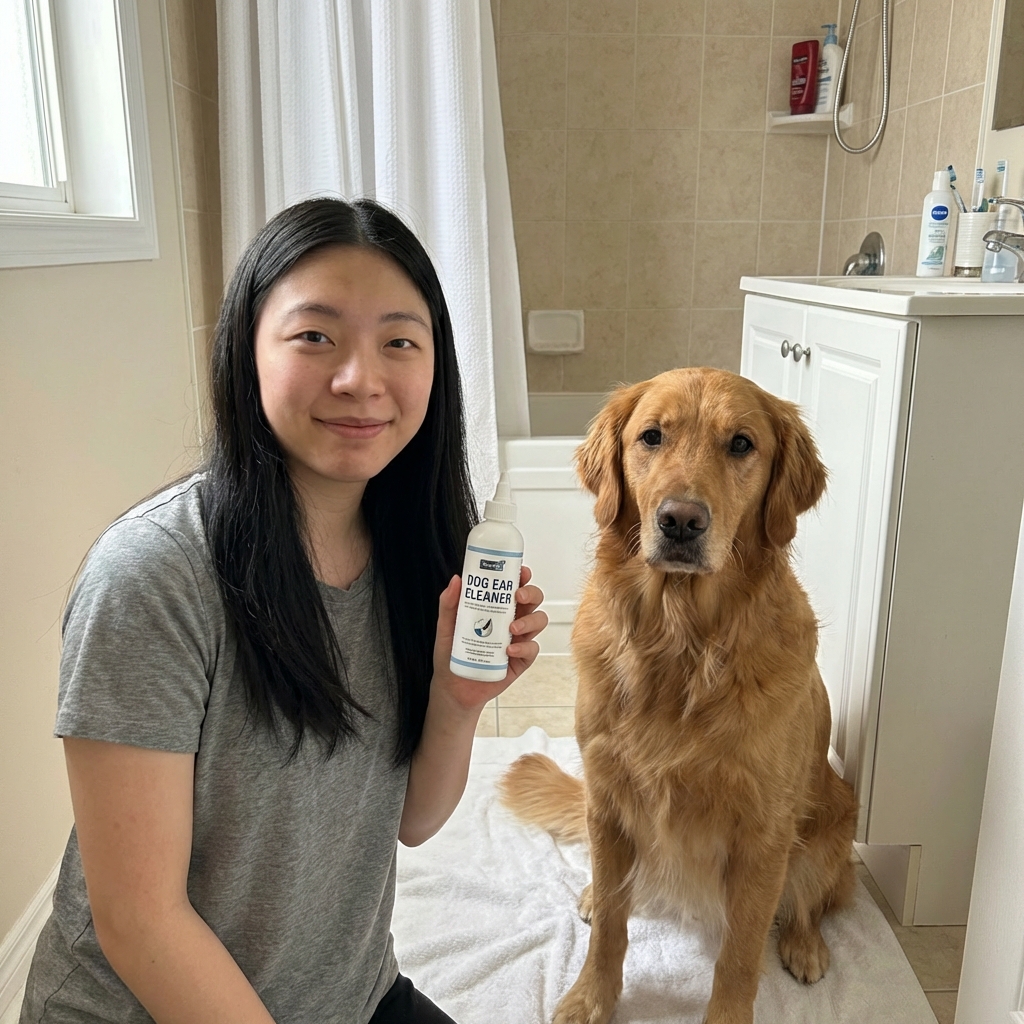 A real photo of a person holding a dog ear cleaner bottle next to a calm dog on a towel in a bathroom