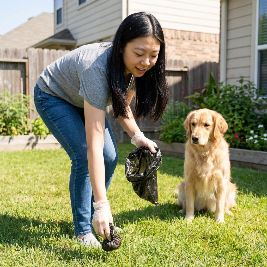 A real photo of a person holding a dog waste bag while cleaning up after a dog in a backyard