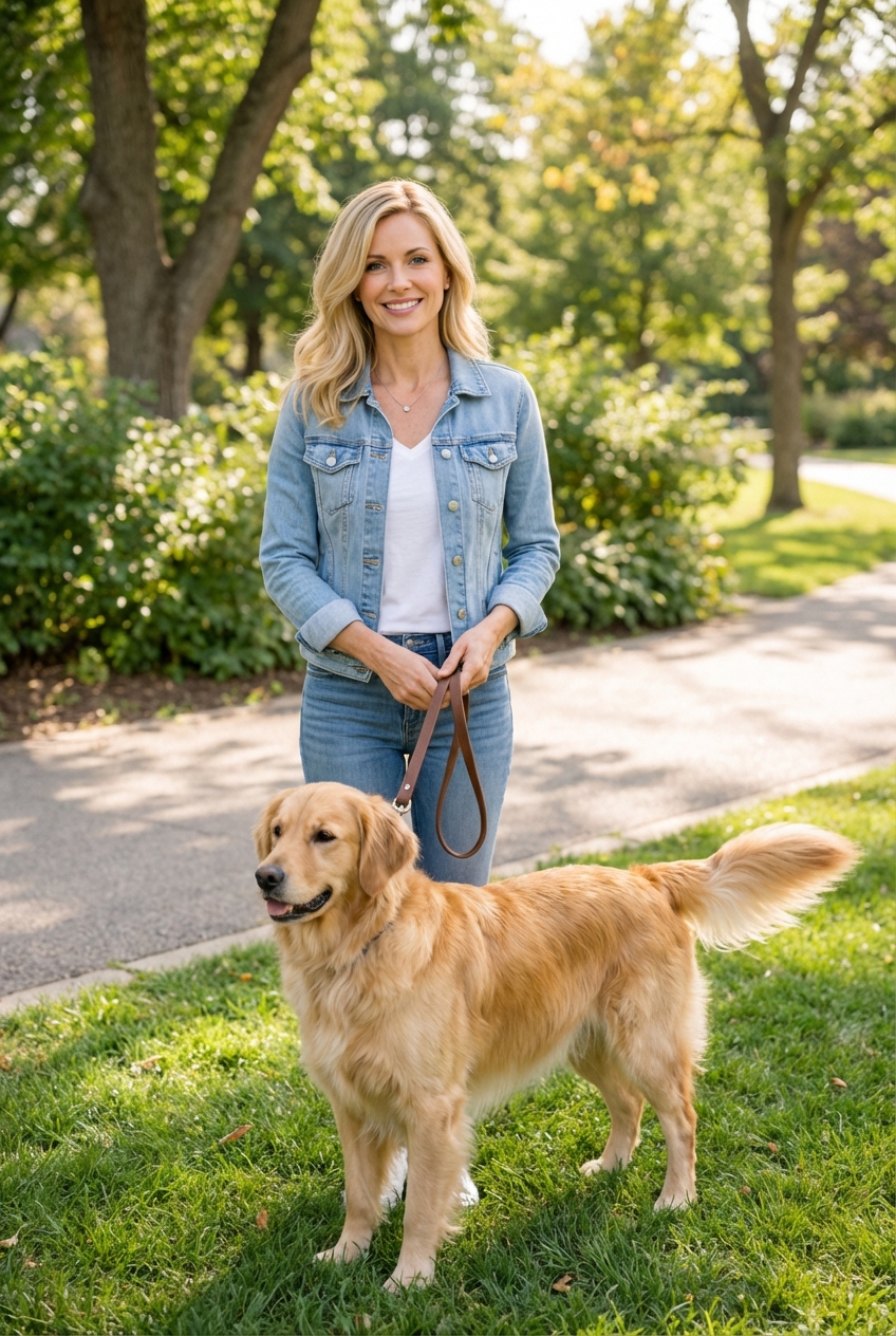 A real photo of a person holding a leash while their dog stands on grass outdoors