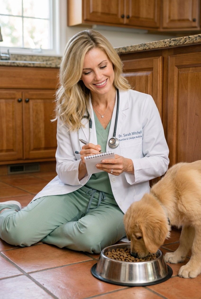 A real photo of a person holding a notepad next to a dog food bowl on a kitchen floor