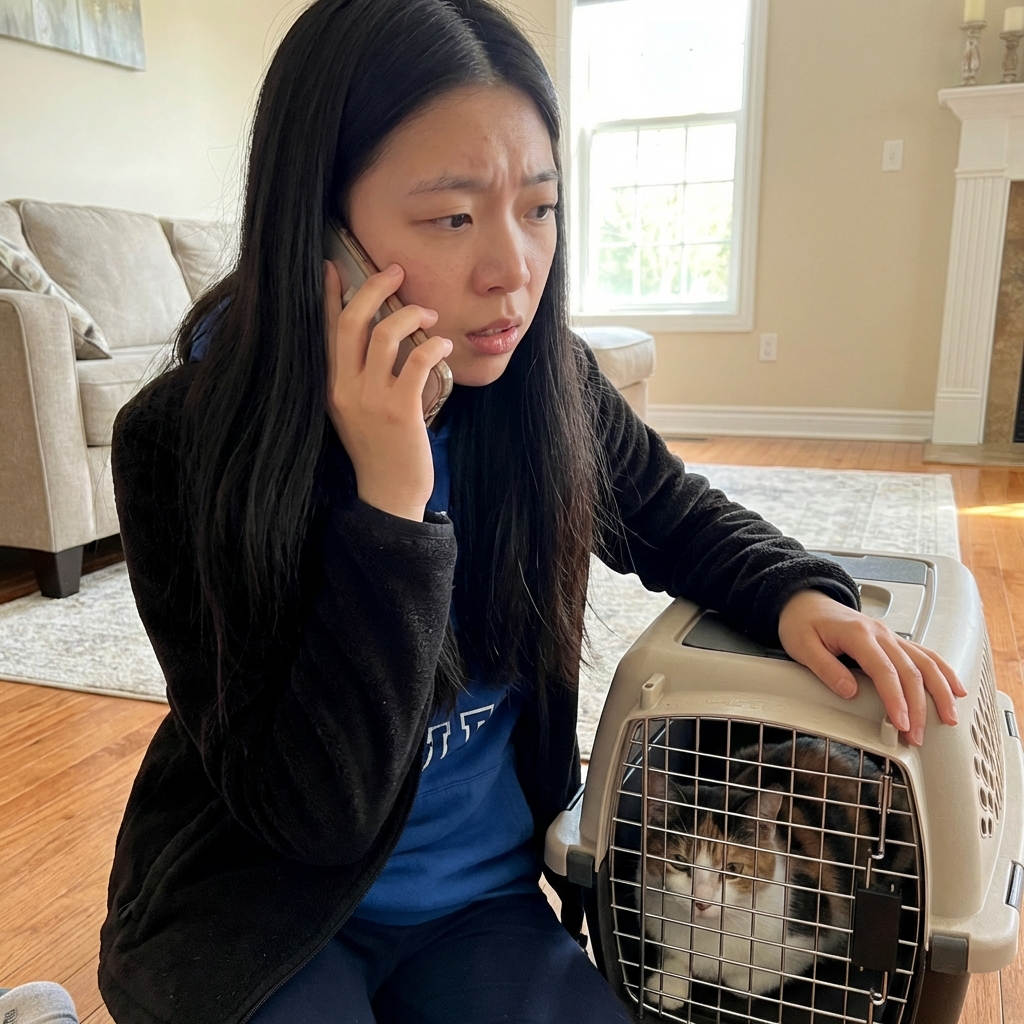 A real photo of a person holding a phone while a cat rests in a carrier on the floor, suggesting calling a veterinary clinic