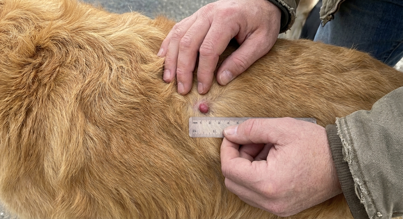 A real photo of a person holding a ruler next to a small lump on a dog’s back to show size