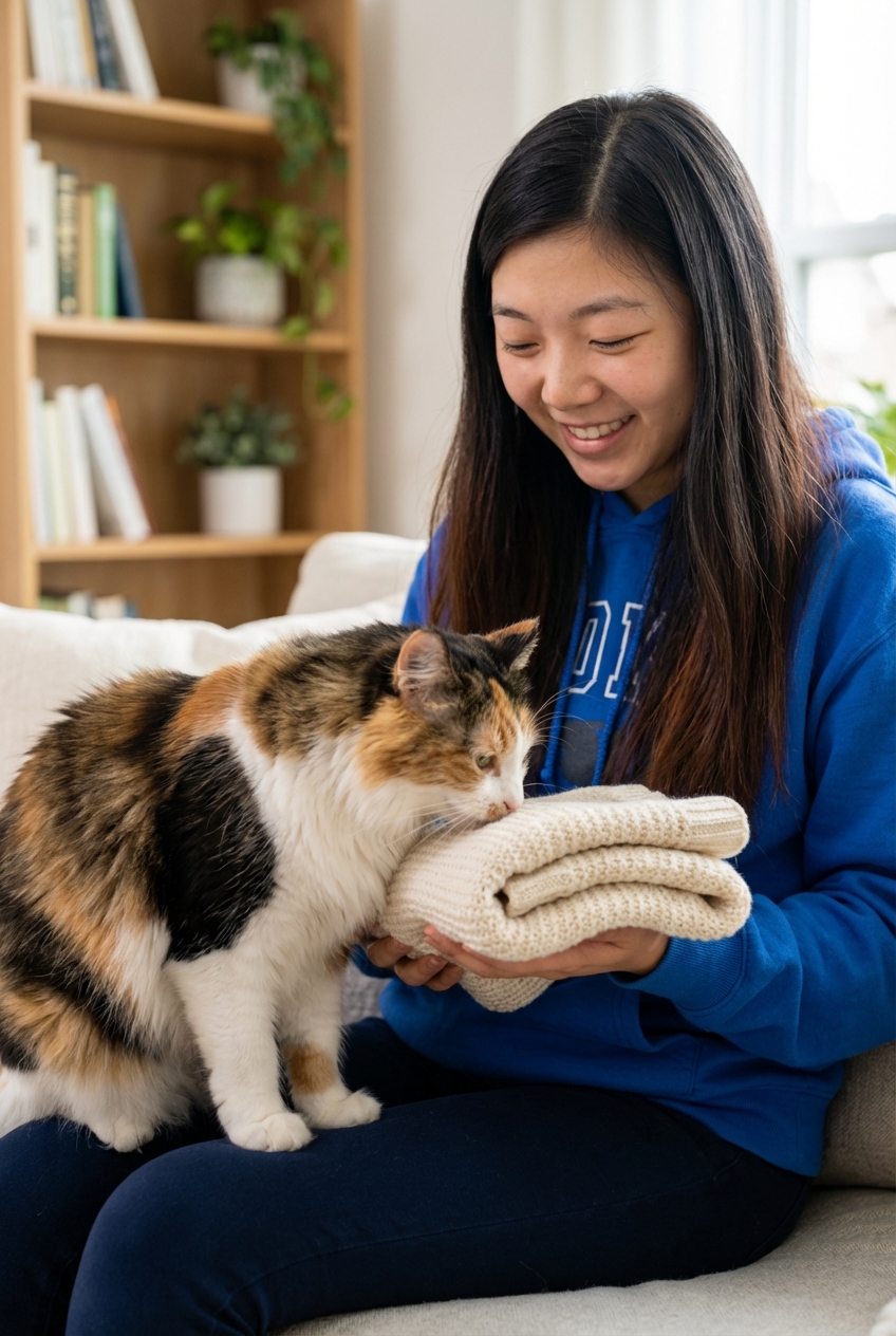 A real photo of a person holding a small blanket while a cat sniffs it curiously