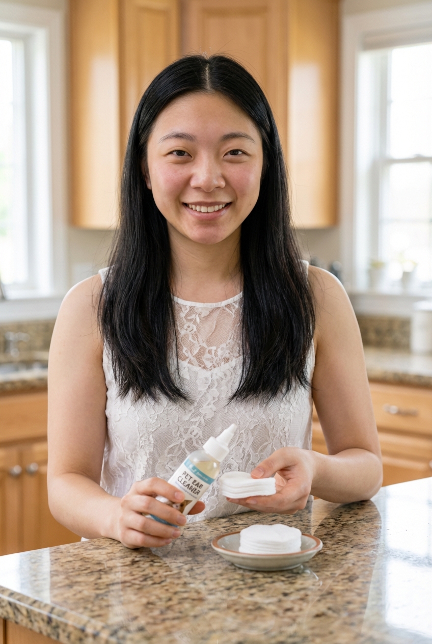 A real photo of a person holding a small bottle of pet ear cleaner next to cotton rounds on a countertop