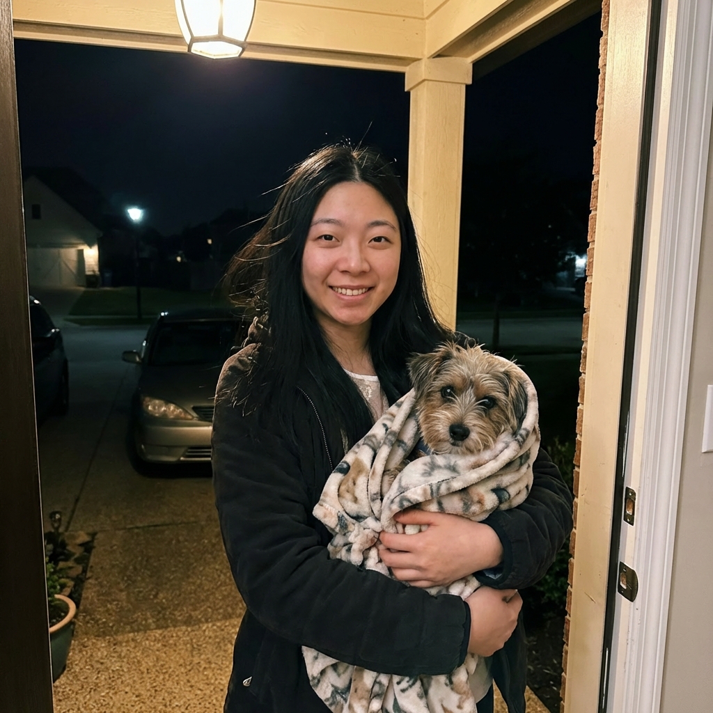 A real photo of a person holding a small dog wrapped in a blanket while preparing to leave the house at night