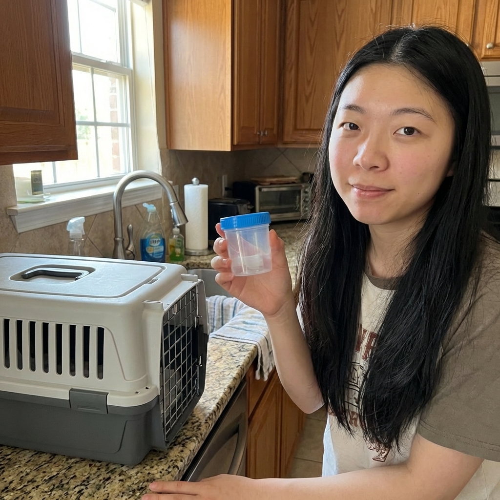 A real photo of a person holding a small stool sample container next to a cat carrier on a kitchen counter