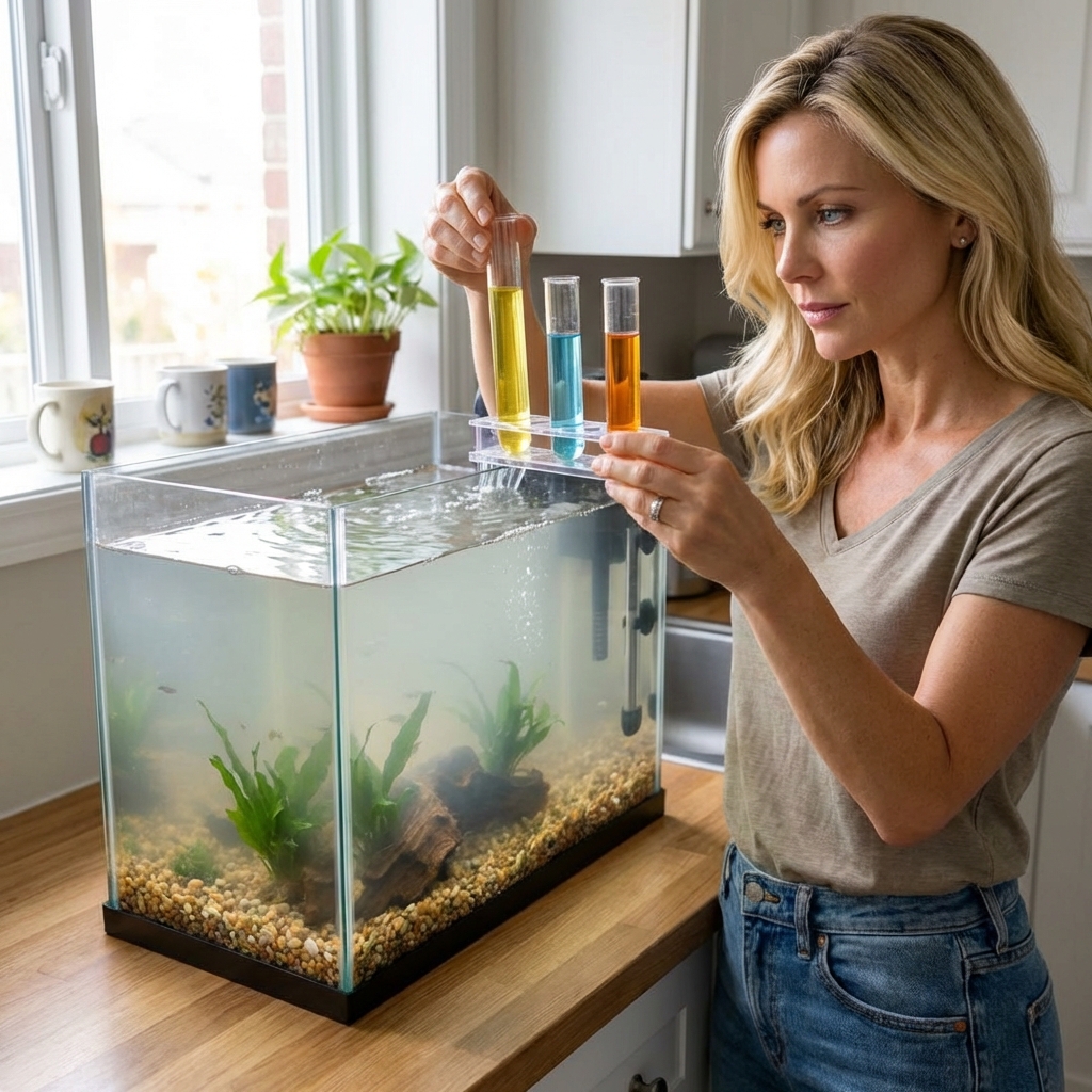 A real photo of a person holding aquarium test tubes with colored water samples next to a freshwater tank