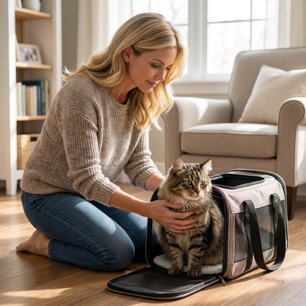 A real photo of a person placing a calm cat into a pet carrier at home